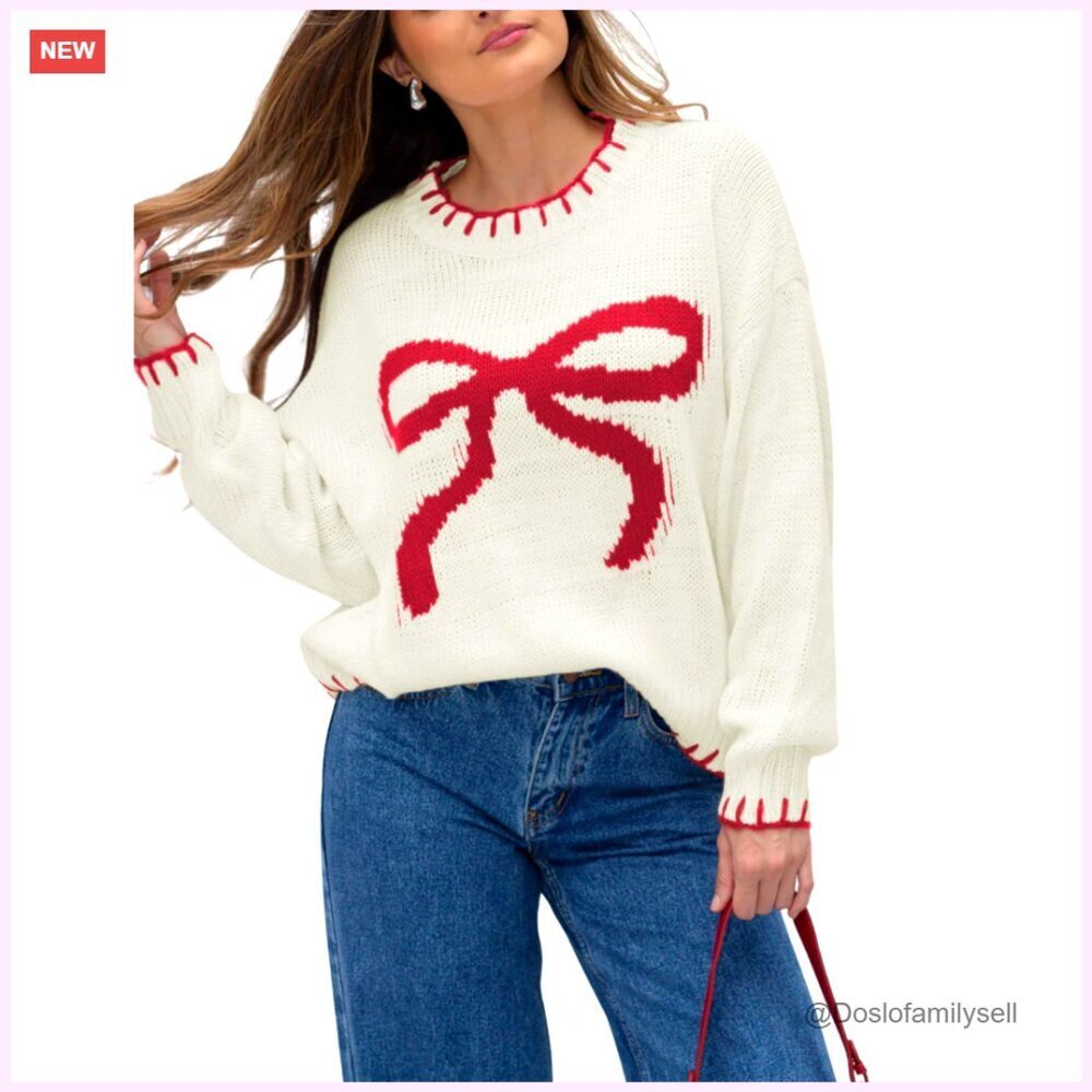 Oversized Cropped Pullover Sweater Long Sleeve Crewneck Bow Detail Cozy Knit